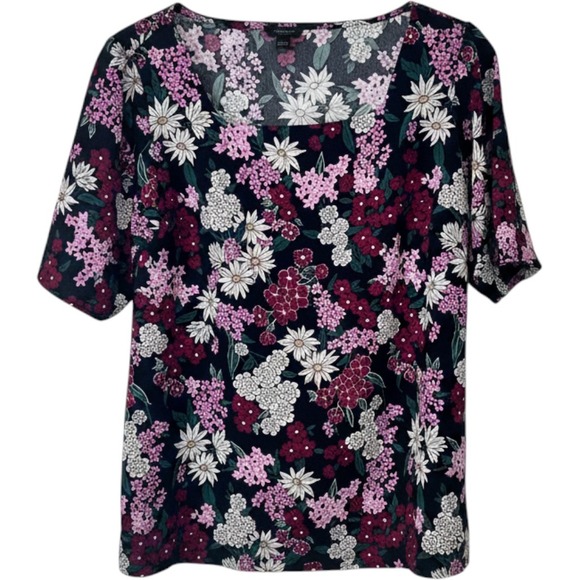 Ann Taylor Factory Tops - NWOT Ann Taylor Women's L Floral Square Neck Blouse Navy Pink Short Sleeve Bloom